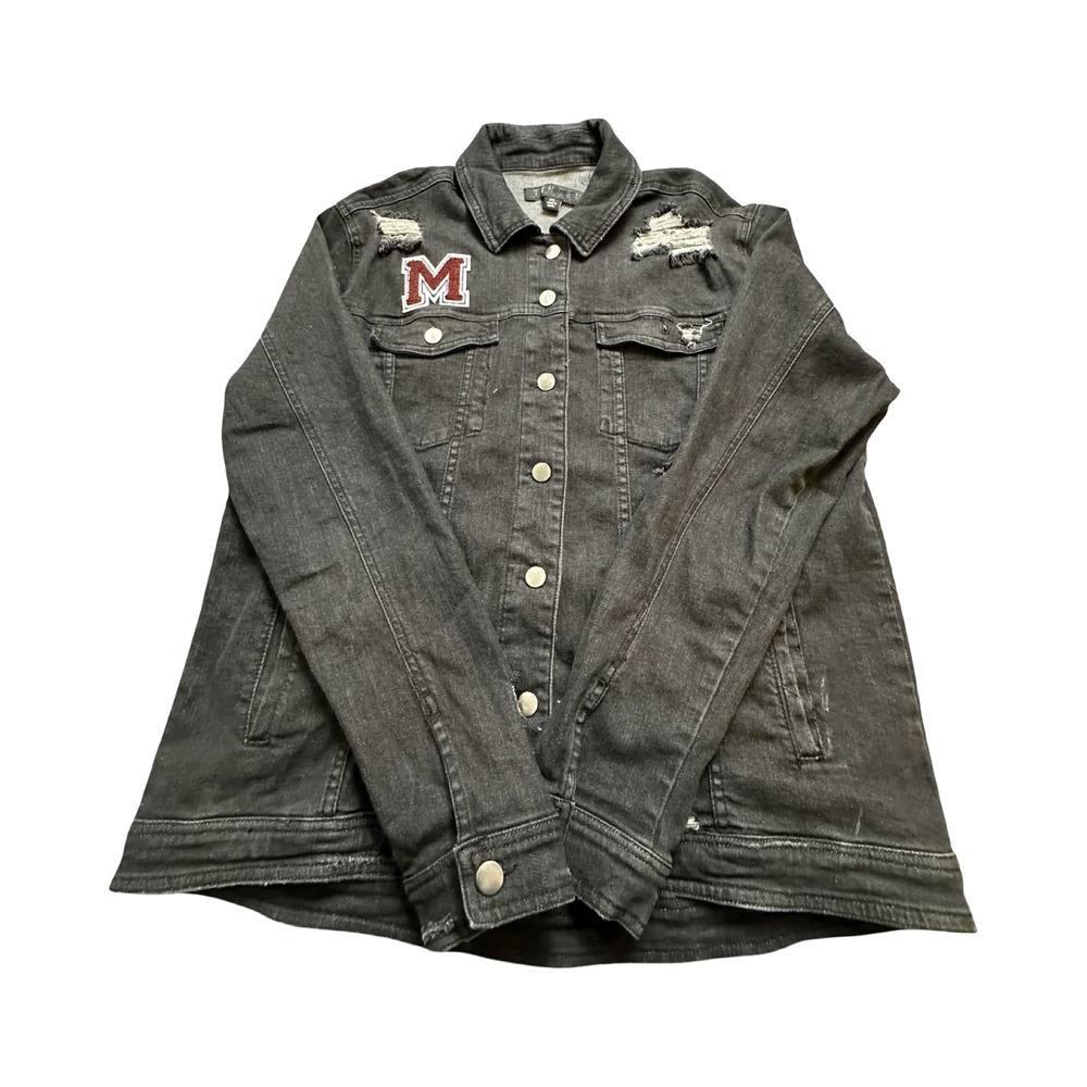 Tinsel Denim Trucker Jacket Womens XL Black Distressed Patch Cotton Edgy